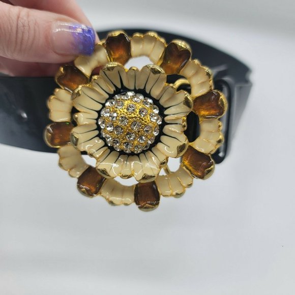 Downeast Faux Patent Leather Belt Floral Beaded Buckle Women's 38 - Picture 3 of 4